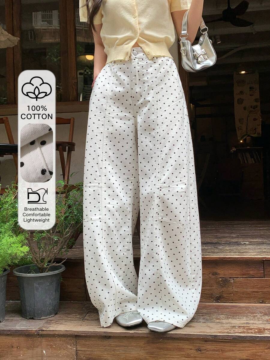 DAZY 波點可愛直筒休閒牛仔褲,適合前青春期女孩(大號),夏季款 - 白色 - 查看 1