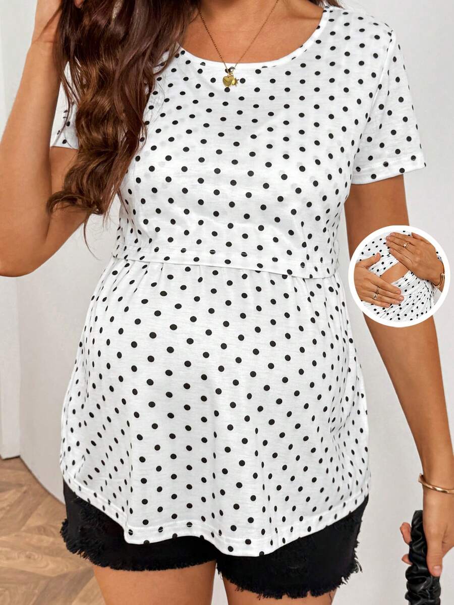 SHEIN Black And White Polka Dot Print Round Neck A-Line Maternity Top, Suitable For Casual Summer Outings. - Black and White - View 1