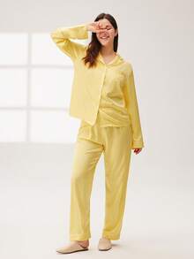 LUVLETTE Yellow Silky Satin Retro Floral Polka Dot Button-Up Top & Pants Pajama Set Pants With Pockets Long Sleeve Sets For Women - Yellow - View 3