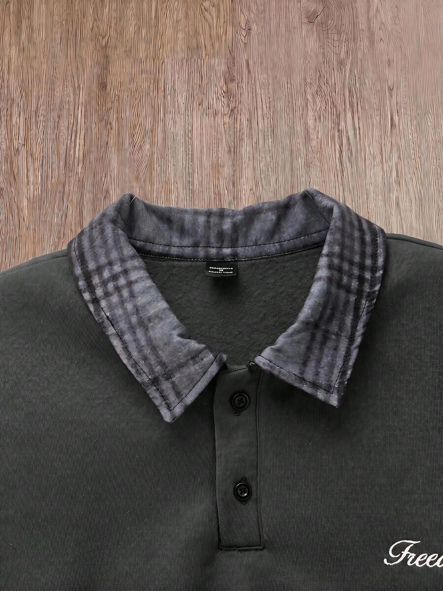 SWAVVY Men's Spring/Autumn Casual Standard Size Black Pullover Sweatshirt With Turn-Down Collar And Embroidery - Dark Grey - View 1