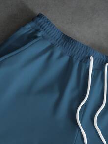 PAVTROS Men's Casual Street Style One-Piece Sweatpants, Short Knit Sweatpants, Elastic Drawstring Waistband, Street Style, Comfortable And Warm, Simple Slogan - Dusty Blue - View 5