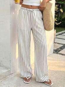 SHEIN Teen Girls Pants Summer Vacation Woven Striped Long Pants, Casual Versatile - Black and White - View 3