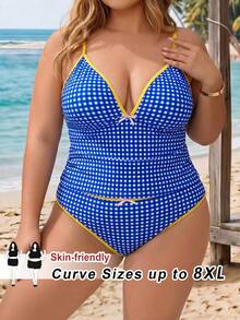 SHEIN CURVE+ 大尺碼女款兩件式隨機幾何方格印花時尚度假顯瘦保守蝴蝶結高腰三角比基尼露背坦基尼泳衣套裝 - 藍色 - 查看 1