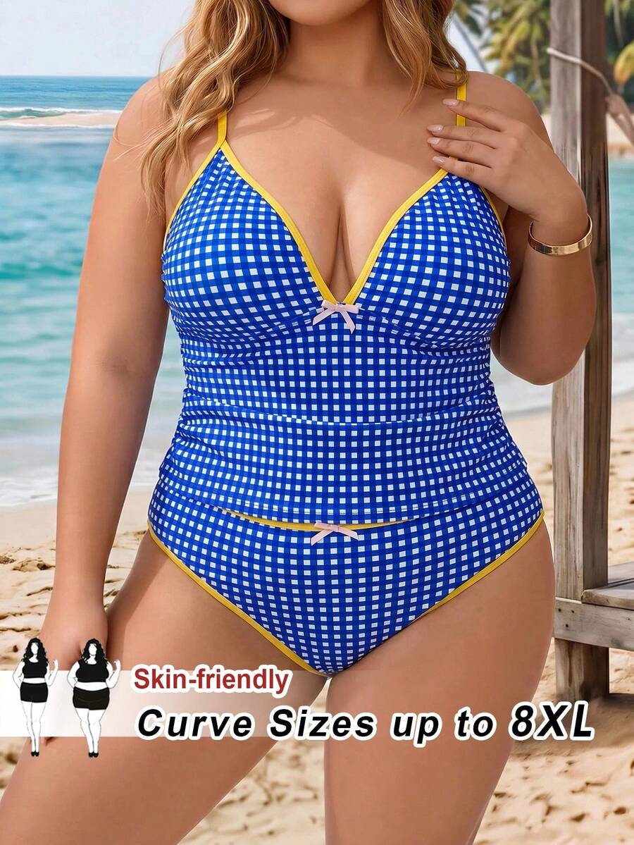 SHEIN CURVE+ 大尺碼女款兩件式隨機幾何方格印花時尚度假顯瘦保守蝴蝶結高腰三角比基尼露背坦基尼泳衣套裝 - 藍色 - 查看 1