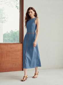MOTF PREMIUM WOMEN'S SUMMER DENIM & LEATHER PATCHWORK SLEEVELESS WAIST-CINCHING DRESS - Medium Wash - View 4