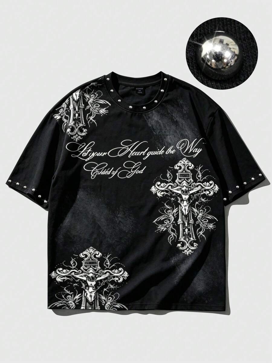 ROMWE MEN Goth 2026 Summer New Fashion Casual Men's T-Shirt Watermark Beaded Heavy Work Street Punk Style Crew Neck Short Sleeve Top - Black - View 1