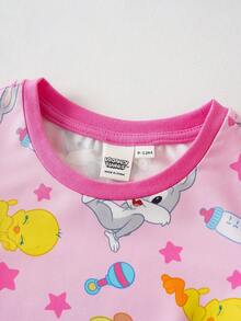 LOONEY TUNES X SHEIN 女嬰圓領卡通印花休閒百搭日常短袖上衣 - 粉色 - 查看 3