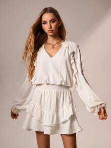 Willow Rêve Women's White Ruffle Puff Sleeve Mini Dress, Boho Cottagecore Style, Romantic Vacation Brunch Autumn - White - View 4