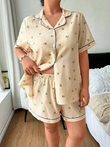 Napfluff CURVE Napfluff CURVE Plus Size Lemon Plaid Print Lapel Button-Front Short Sleeve Shorts Pajama Set - Yellow - View 6