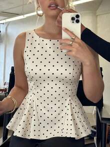 SHEIN PETITE CURVE 大码优雅波点印花无袖收腰衬衫，夏季 - 杏色 - 查看 9