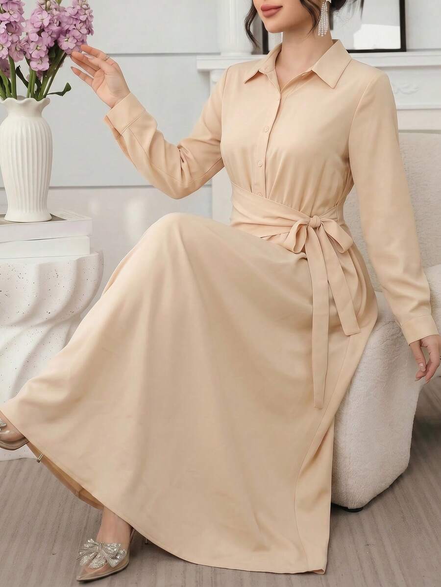 Al Najma Elegant Solid Color Button Side Tie Slim Fit Turkish Maxi Dress & Arabic Traditional Abaya