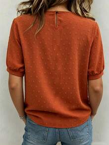 SHEIN Holidaya 2026夏季新款女式休閒上衣，橘色拼接染花蕾絲泡泡袖女式上衣，寬鬆H版型女式上衣，度假慵懶風圓領女式上衣 - 亮橙色 - 查看 3