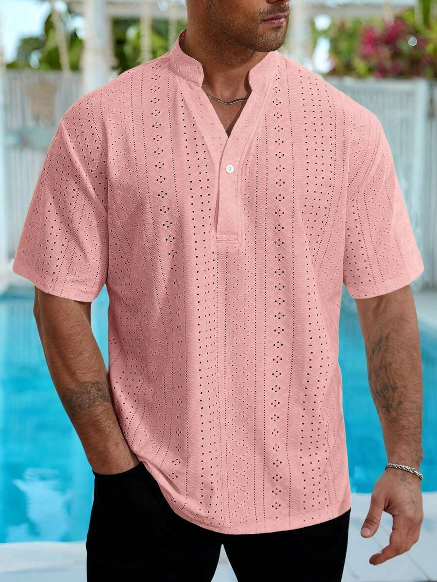 Genlund Plus Size Men's Notched Neck Solid Color Casual Versatile Daily Wear Short Sleeve Shirt, Holiday Holiday - Pink - View 1