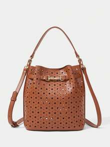 SHECARRY WOMEN'S FASHION BROWN HANDBAG, EXQUISITE BUCKLE, HOLLOW CRAFT BUCKET BAG, SUITABLE FOR DAILY, COMMUTING, SHOPPING, VACATION, TRAVEL - Brown - View 6