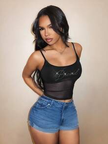 BamGleam Damen Hot Girl Strass Mode Mesh Patchwork Crop Top Camisole - Schwarz - Übersicht 1