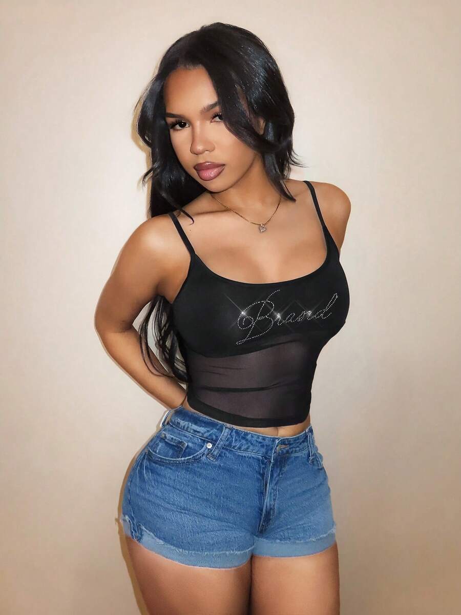 BamGleam Damen Hot Girl Strass Mode Mesh Patchwork Crop Top Camisole - Schwarz - Übersicht 1