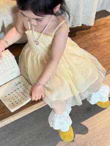 Dazy Kids 嬰兒/幼兒(女童)圓領刺繡卡通可愛無袖中長洋裝 - 杏色 - 查看 4