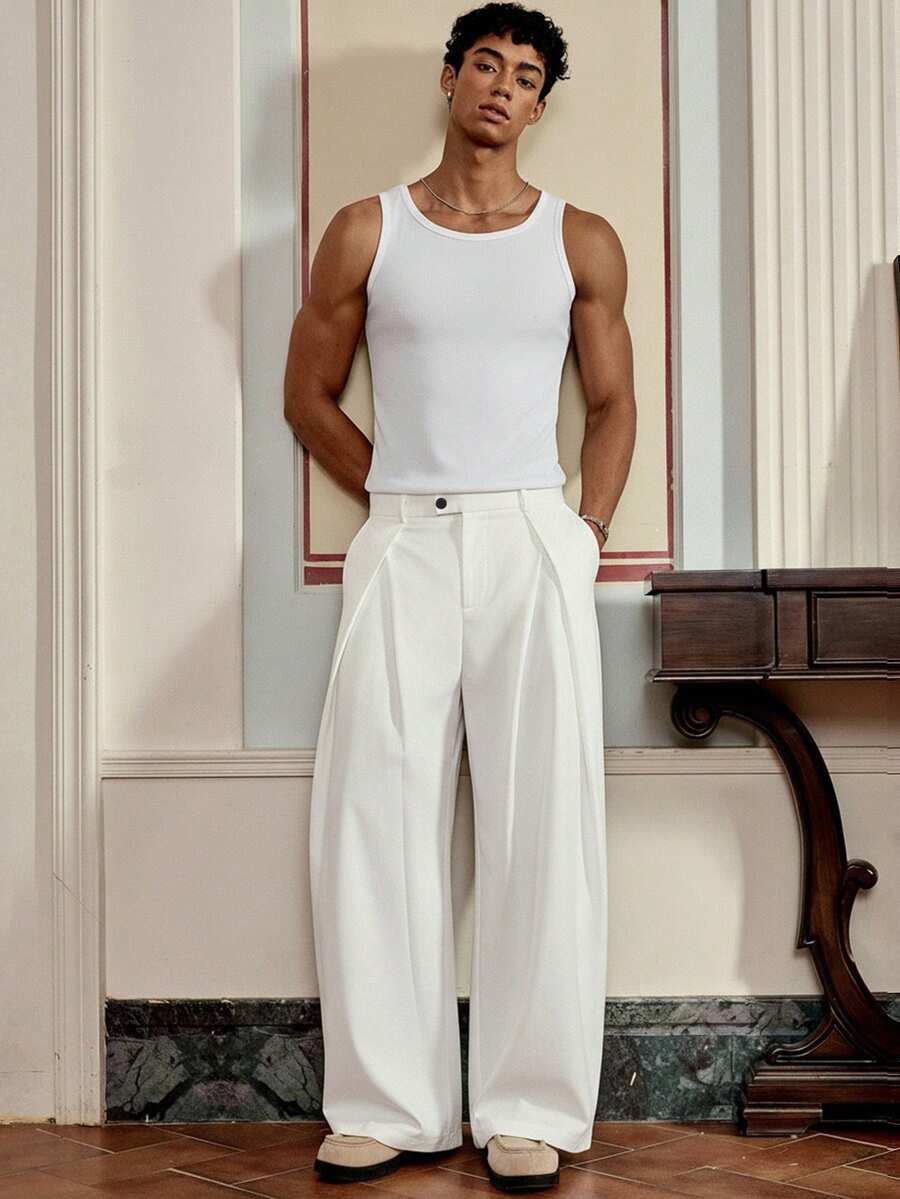 SWAVVY Pantalones casuales sueltos de pierna recta de unicolor para hombres - Blanco y Negro - Ver 1