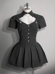 SHEIN ICON Plus Size Retro Goth Elegant Renaissance Sexy Preppy Style Shirt Collar Hollow Out Puff Sleeve Black And White Metal Button Pleated Dress - Black and White - View 4