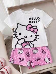 HELLO KITTY AND FRIENDS | SHEIN 女嬰圓領字母卡通印花短袖T恤與短褲休閒日常套裝 - 粉色 - 查看 4