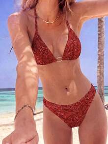 Swim Vcay 2026 Spring/Summer Women's Sexy Bikini, Red Triangle Cup Halter Neck, Drawstring Ruched Design With Gold Oval Decor, High Cut, Suitable For Beach, Seaside And Pool - Red - View 3