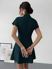 Aloruh Elegant Ruched Waist A-Line Mini Dress For Commuting, Summer,Summer Dresses For Women - Navy Blue - View 8