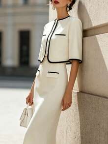 SHEIN Women's Elegant French 2 Pieces Set, Round Neck Cardigan Top Skirt Outfit, Bell Sleeve Tie Waist Jacket Mid-Length White And Black Skirt Set - Apricot - View 6