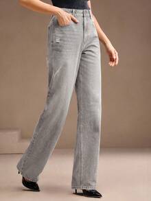 Anewsta Women's Fashion Ripped Rhinestone Embellished Straight Leg Jeans - Grey - View 6
