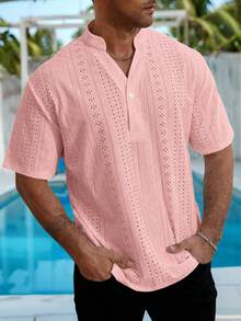 Genlund Plus Size Men's Notched Neck Solid Color Casual Versatile Daily Wear Short Sleeve Shirt, Holiday Holiday - Pink - View 5