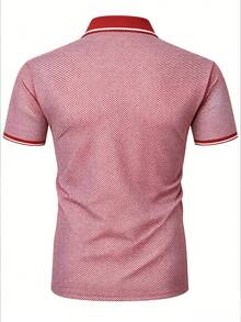 Manfinity Homme Kemeja Polo Pria Ukuran Besar dengan Motif Geometris dan Trim Kontras, Lengan Pendek, dan Kancing - Merah - View 2