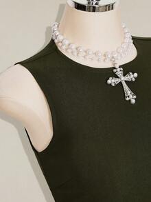 SHEIN ICON 女款純色圓領無袖修身百褶時尚極簡風洋裝 - 軍綠色 - 查看 9
