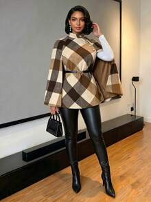 SHEIN Lady 秋冬秋季上班族办公室优雅女士休闲外出聚会婚礼拼色编织立领斗篷袖金色纽扣新款女装外套秋季女大衣 - 卡其色 - 查看 4
