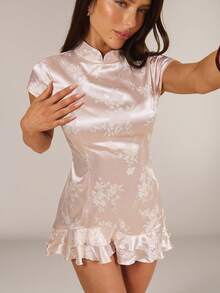 SHEIN BAE White Improved Cheongsam Jacquard Ruffle Hem Mini Dress, Gentle Retro Sexy New Chinese Style Date Golf Dress, Spring/Summer - Baby Pink - View 1