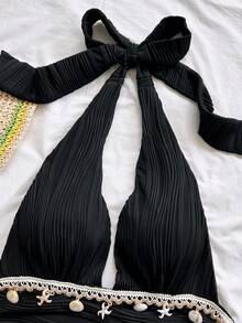 Soleia 2pcs Women's Vacation Set, V-Neck Halter Tie-Up Shell Trim Backless Tank Top Low-Waist Ruffle Trim Slim Fit Bottom, Tropical Beachwear For Beach Black - Black - View 6