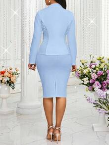 SHEIN Lady 嬰兒藍女款優雅通勤蕾絲拼接西裝外套與裙裝套裝，商務休閒辦公室教堂服飾，適合夏季教師節婚禮 - 淺藍色 - 查看 2