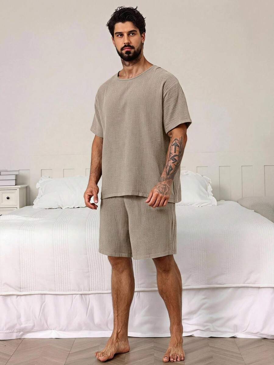 DAZY Men's Solid Khaki Crinkled Texture Fabric Loungewear Set For Summer Pajamas - Khaki - View 1
