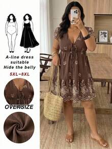 SHEIN CURVE+ Plus Size V-Neck Tie Front Ruffle Hem Short Sleeve Casual Goth Elegant Summer Dress, Spring Vacation Brown - Brown - View 1