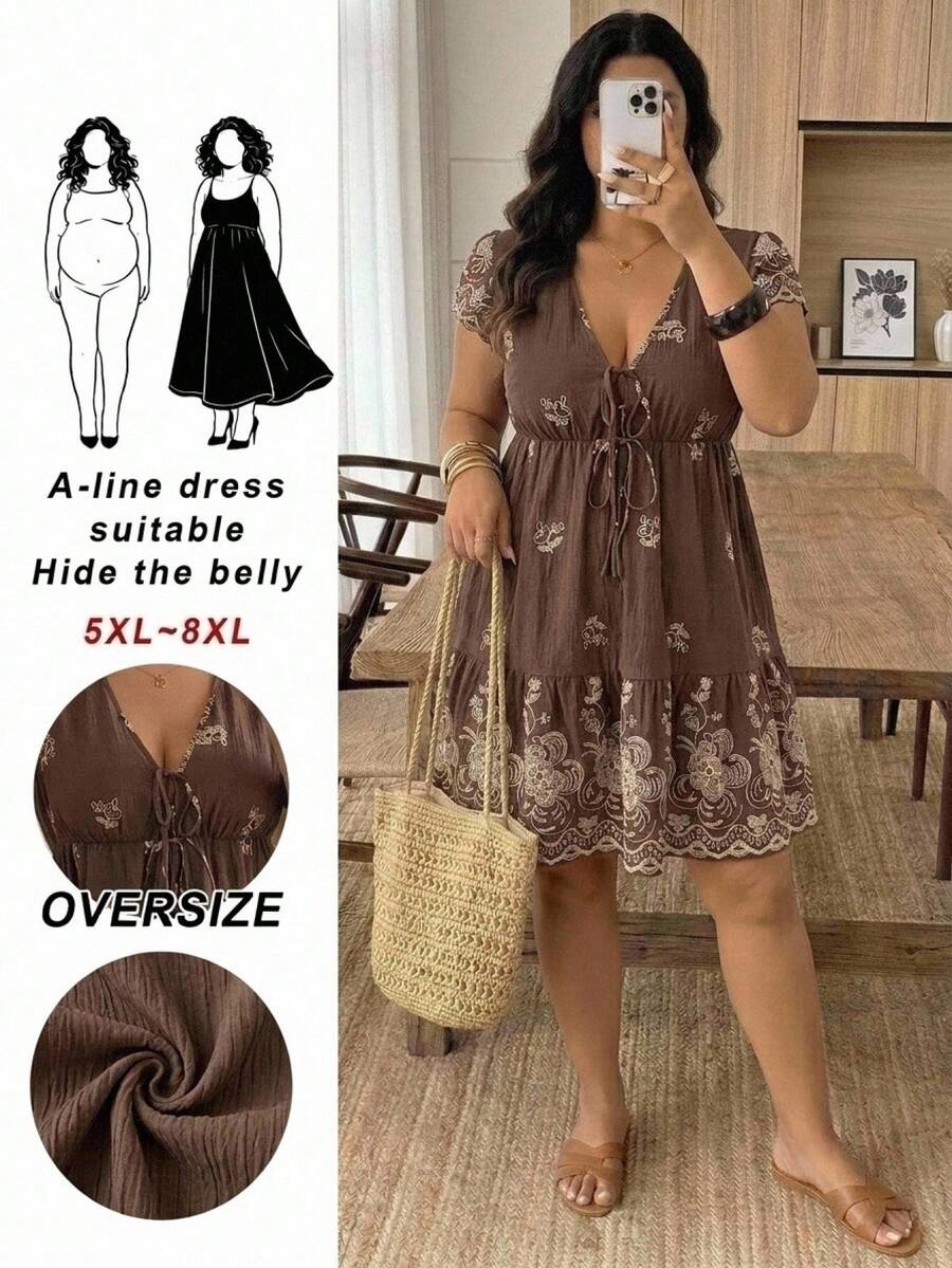 SHEIN CURVE+ Plus Size V-Neck Tie Front Ruffle Hem Short Sleeve Casual Goth Elegant Summer Dress, Spring Vacation Brown - Brown - View 1