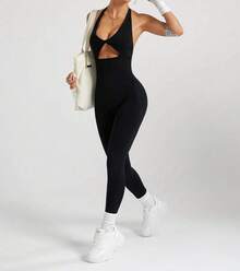 Sirith Seamless High Elasticity Racerback Sports Jumpsuit With Lifting Effect - Black - View 4