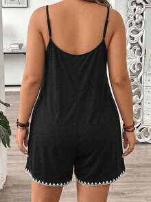Comfylo Plus Size Women's Summer Vacation Style Colorblock Machine-Printed Shell Flower Special Craft Round Neck Casual Jumpsuit, With Pockets, Suitable For Travel, Vacation, Summer And Daily Wear - Black - View 3
