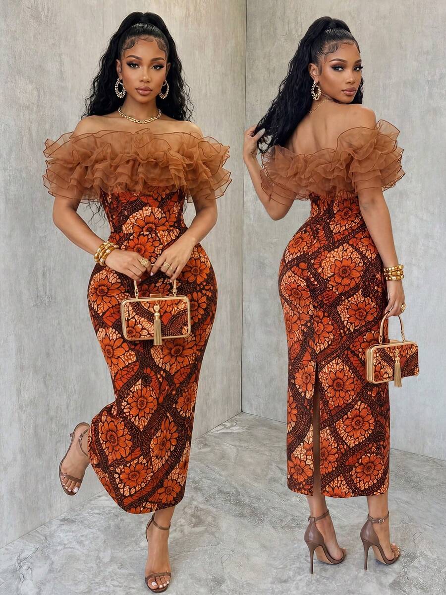 SHEIN Women's Elegant Brown Off-Shoulder Ruffle Print Maxi Dress, Slim Bodycon Back Slit Ankle-Length Gown, Exotic Occasion Wear For Party Banquet Date. - Brown - View 1