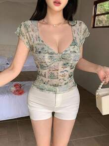 DAZY 春夏法式辣妹風性感扭結V領修身短版女款T恤 - 綠色 - 查看 5