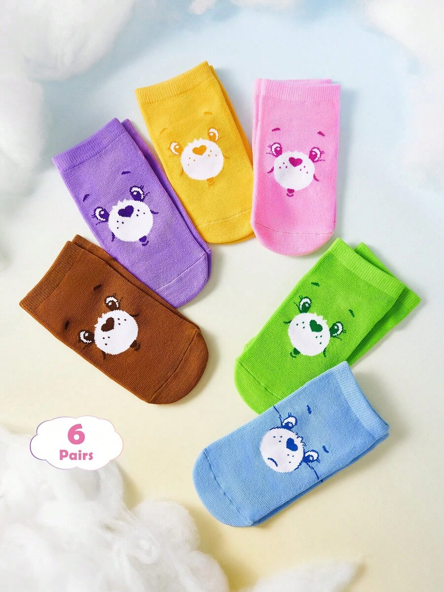 SHEIN X Care Bears 6雙女童純棉柔軟透氣吸濕襪，可愛卡通圖案，適合四季穿著，適用於學校與戶外活動 - 彩色 - 查看 1