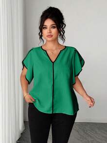 SHEIN Elenzya 女款短袖V領度假風休閒襯衫 - 綠色 - 查看 3
