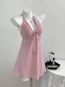 Elamini Damen Sommerkleid mit Schleife, Trägern, Streifen, Neckholder und rückenfrei - Rot - Übersicht 4