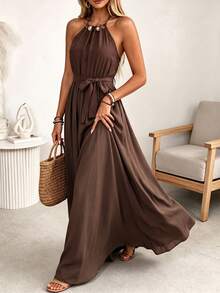 Wandoria Women's Spring/Summer French Chic Luxury Elegant Minimalist High-End Design Casual Bohemian Vacation Office Commute Old Money Style Comfortable Solid Color Faux Linen Fabric Neckline Ruched Beaded Decor Elastic Waist Self-Fabric Belt Cinched Waist A-Line Spaghetti Strap Tie Strap Pocket Long Dress - Brown - View 4