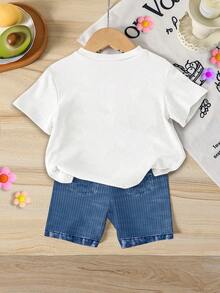 SHEIN Vintaside Kids 1件隨機款式女嬰時尚甜美櫻桃蝴蝶結印花短袖圓領T恤與印花短褲套裝 - 彩色 - 查看 2
