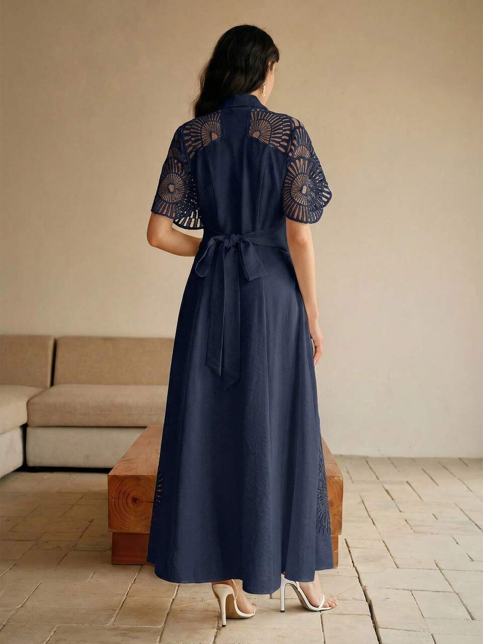 Anewsta Women's Hollow Design Shirt Collar Button Placket Solid Color Dress Garden Party Vacation Navy Blue Summer Elegant Mature