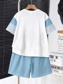 Teen Boy Casual Minimalist Short Sleeve Crew Neck T-Shirt And Shorts Set, Suitable For Summer - Multicolor - View 4
