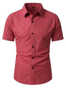 Manfinity Mode Men Diamond Quilted Regular Shoulder Summer Front Button Casual Versatile Short Sleeve Shirt, Formal - Red - View 3
